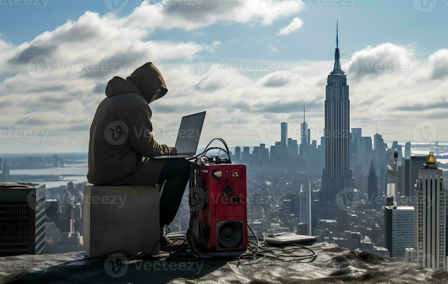 Anonymous hacker with hoodie typing laptop at the top of skyscraper. AI generated photo