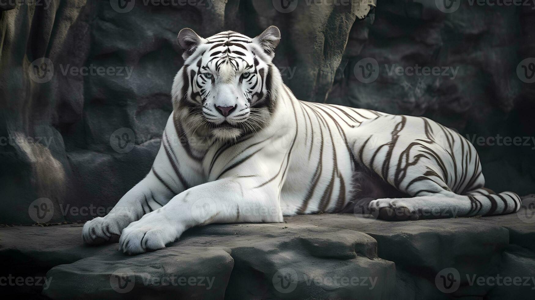 White tiger or bleached tiger lying on the rock. AI generated photo