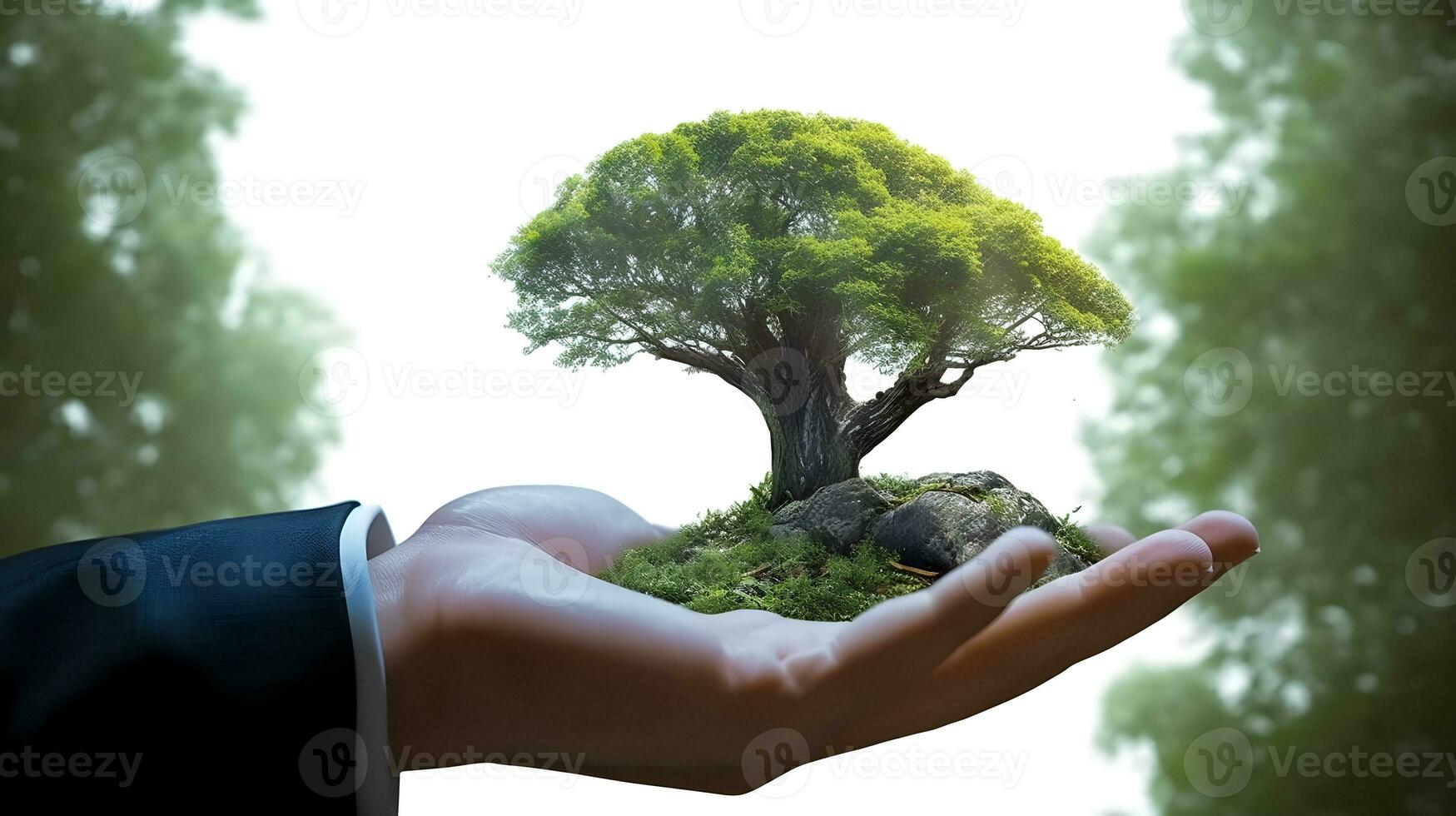 Businessman holding small tree. World tree day, environment day concept. AI generated photo