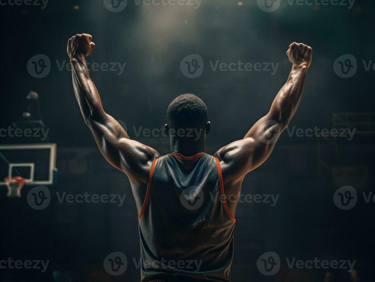 Basketball player celebrating in the stadium. Concept of winner, success, victory. AI generated photo