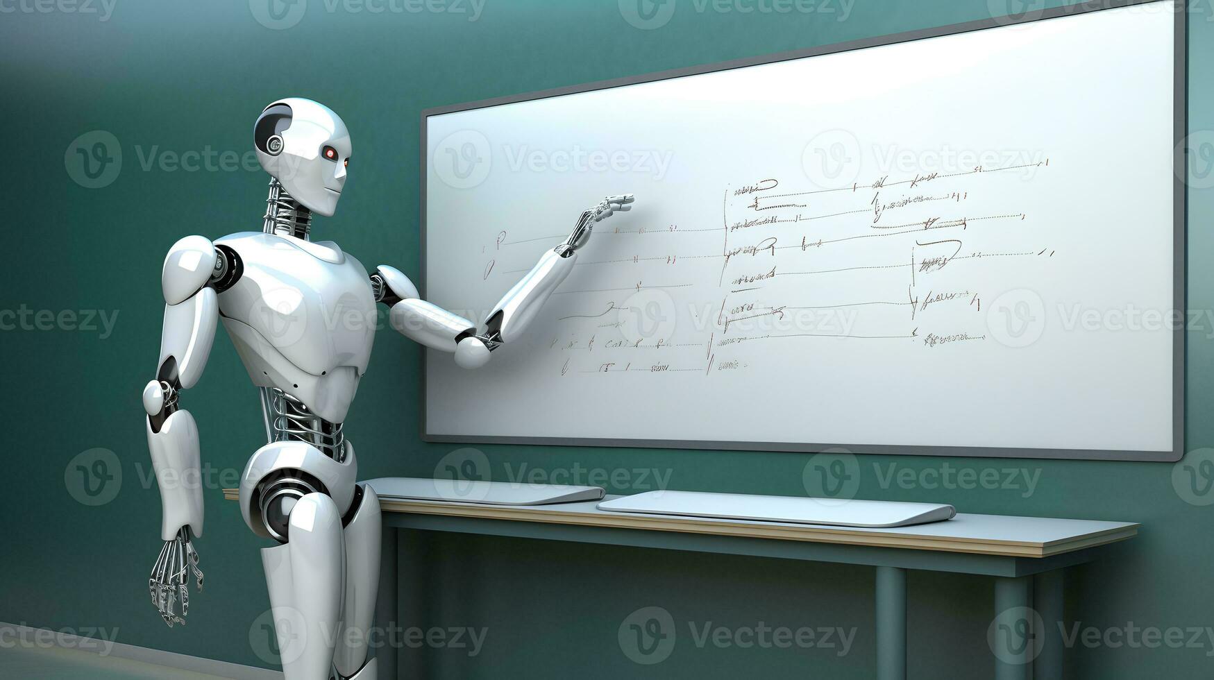 Teaching robot and chalkboard in the classroom. AI teacher concept. AI generated photo
