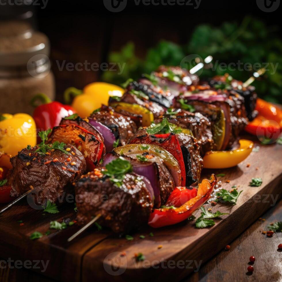 Succulent churrasco, grilled meat on skewers photo