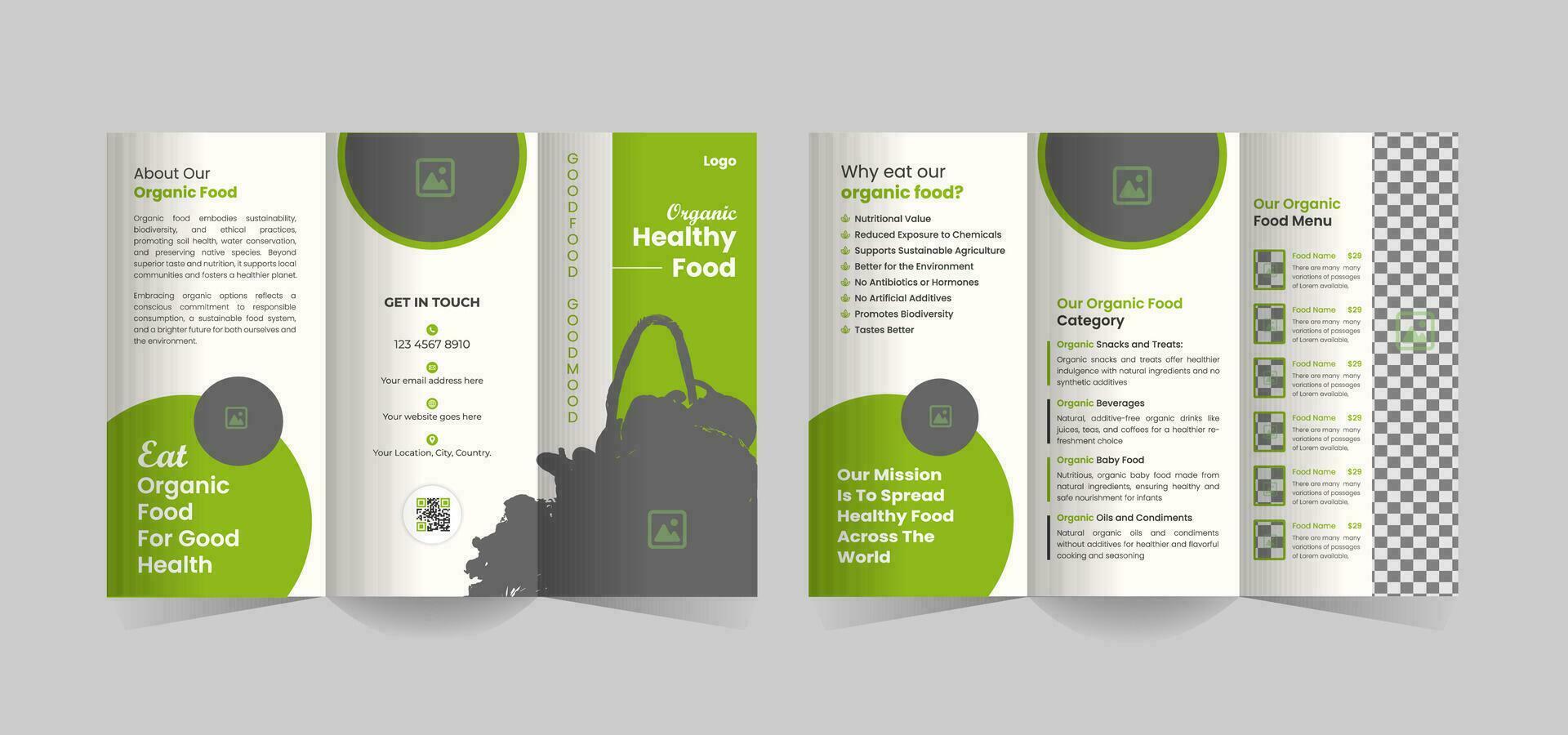 organic food trifold brochure template or organic healthy food shop tri fold brochure design, Green food trifold brochure template and farming food trifold brochure template vector