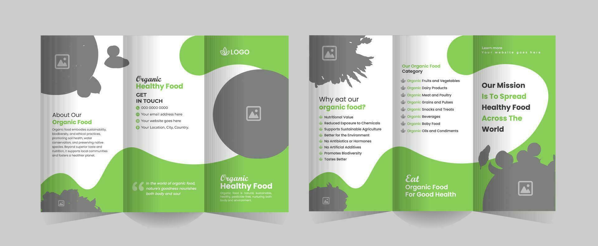 organic food trifold brochure template or organic healthy food shop tri fold brochure design, Green food trifold brochure template and farming food trifold brochure template vector