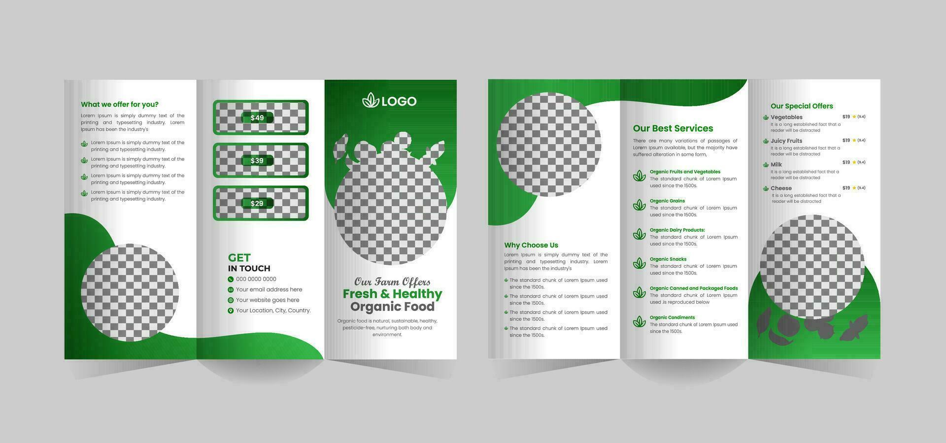 orgánico comida tríptico folleto modelo o orgánico sano comida tienda tri doblez folleto diseño, verde comida tríptico folleto modelo vector