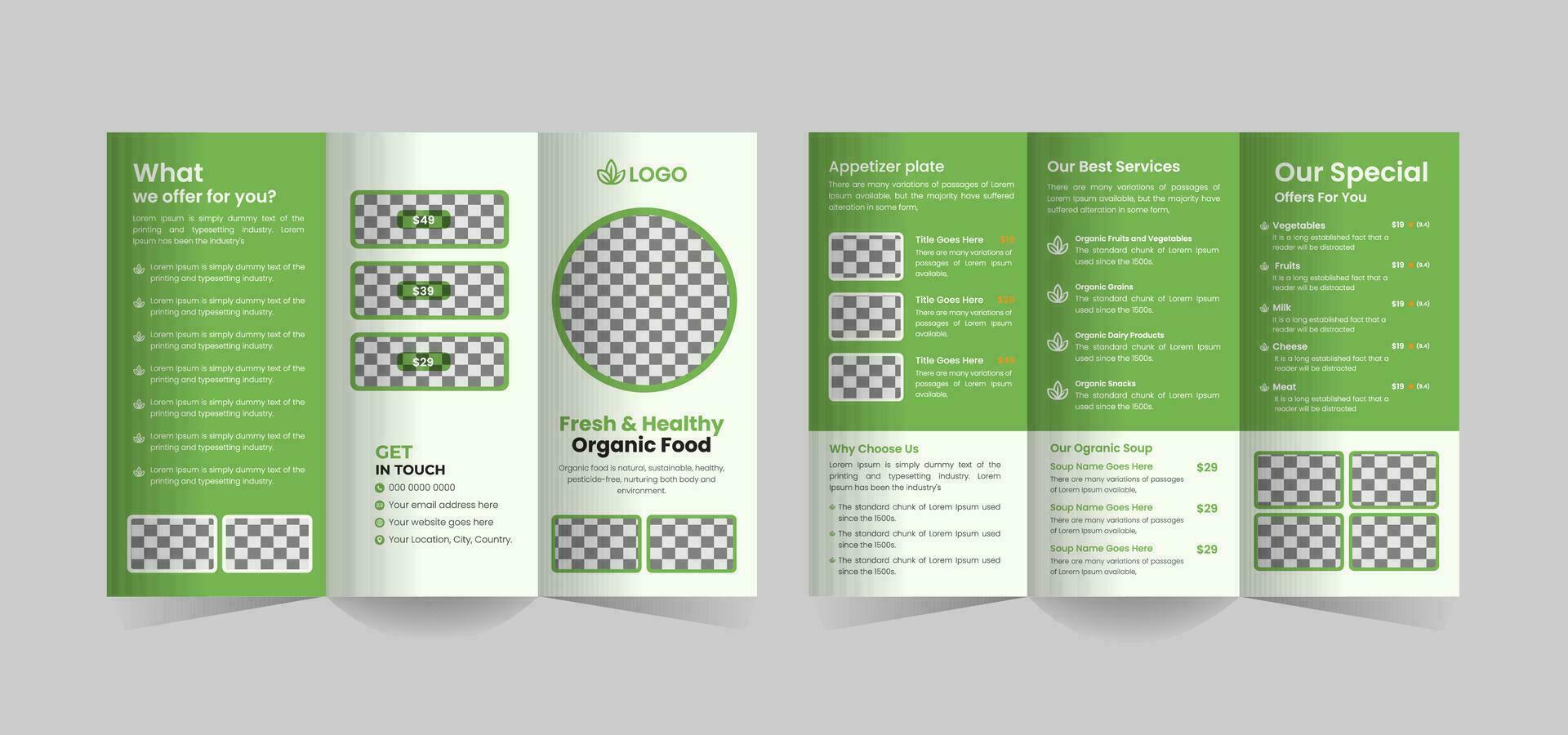 orgánico comida tríptico folleto modelo o orgánico sano comida tienda tri doblez folleto diseño, verde comida tríptico folleto modelo y agricultura comida tríptico folleto modelo vector