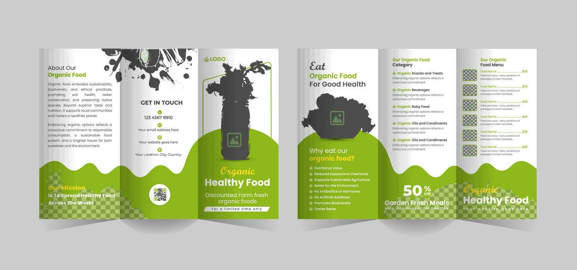 orgánico comida tríptico folleto modelo o orgánico sano comida tienda tri doblez folleto diseño, verde comida tríptico folleto modelo y agricultura comida tríptico folleto modelo vector