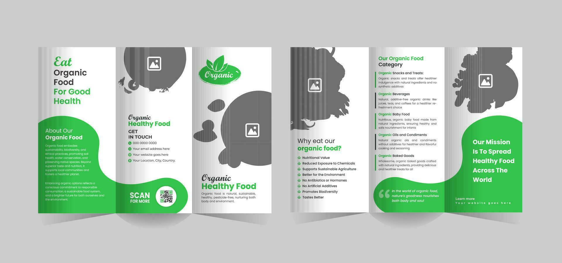 organic food trifold brochure template or organic healthy food shop tri fold brochure design, Green food trifold brochure template and farming food trifold brochure template vector