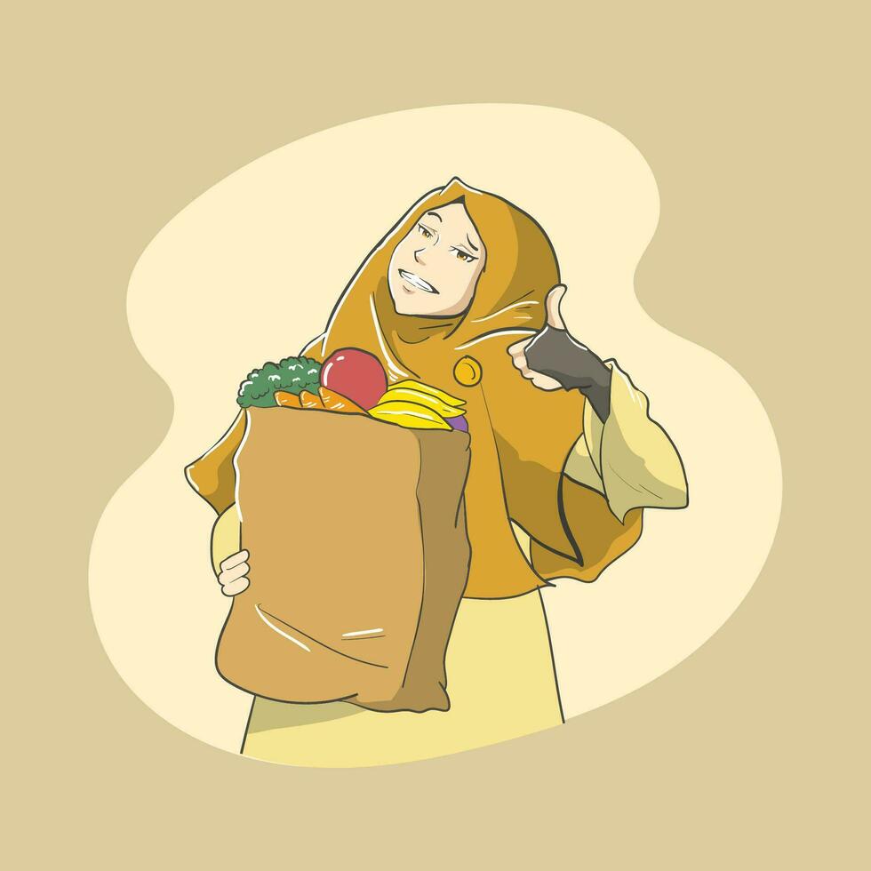 muslimah girl go to shopping handdrawn vector illustration