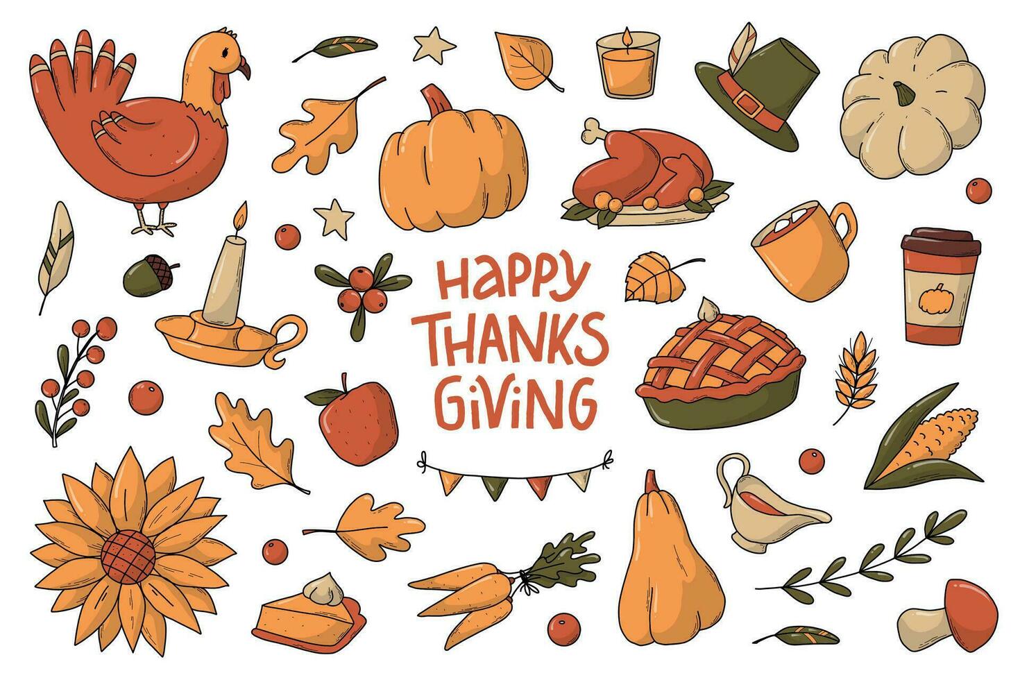 set of Thanksgiving doodles, clip art, cartoon elements isolated on white background for stickers, prints, cards, sublimations, magnets, planners, stationary, etc. EPS 10 vector