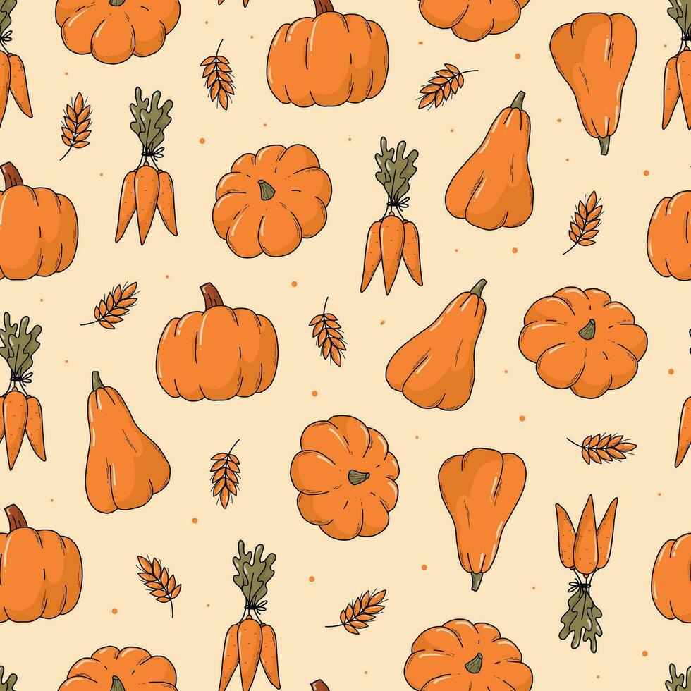 Harvest seamless pattern with doodles of carrot and pumpkins. Thanksgiving wrapping paper, scrapbooking, textile print, wallpaper, packaging, etc. EPS 10 vector
