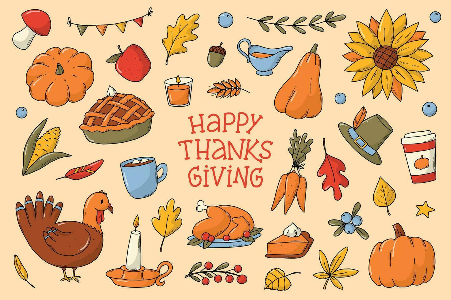 Set of Thanksgiving doodles, cartoon elements, clip art for stickers, prints, sublimation, cards, posters, signs, planners, etc. EPS 10 vector