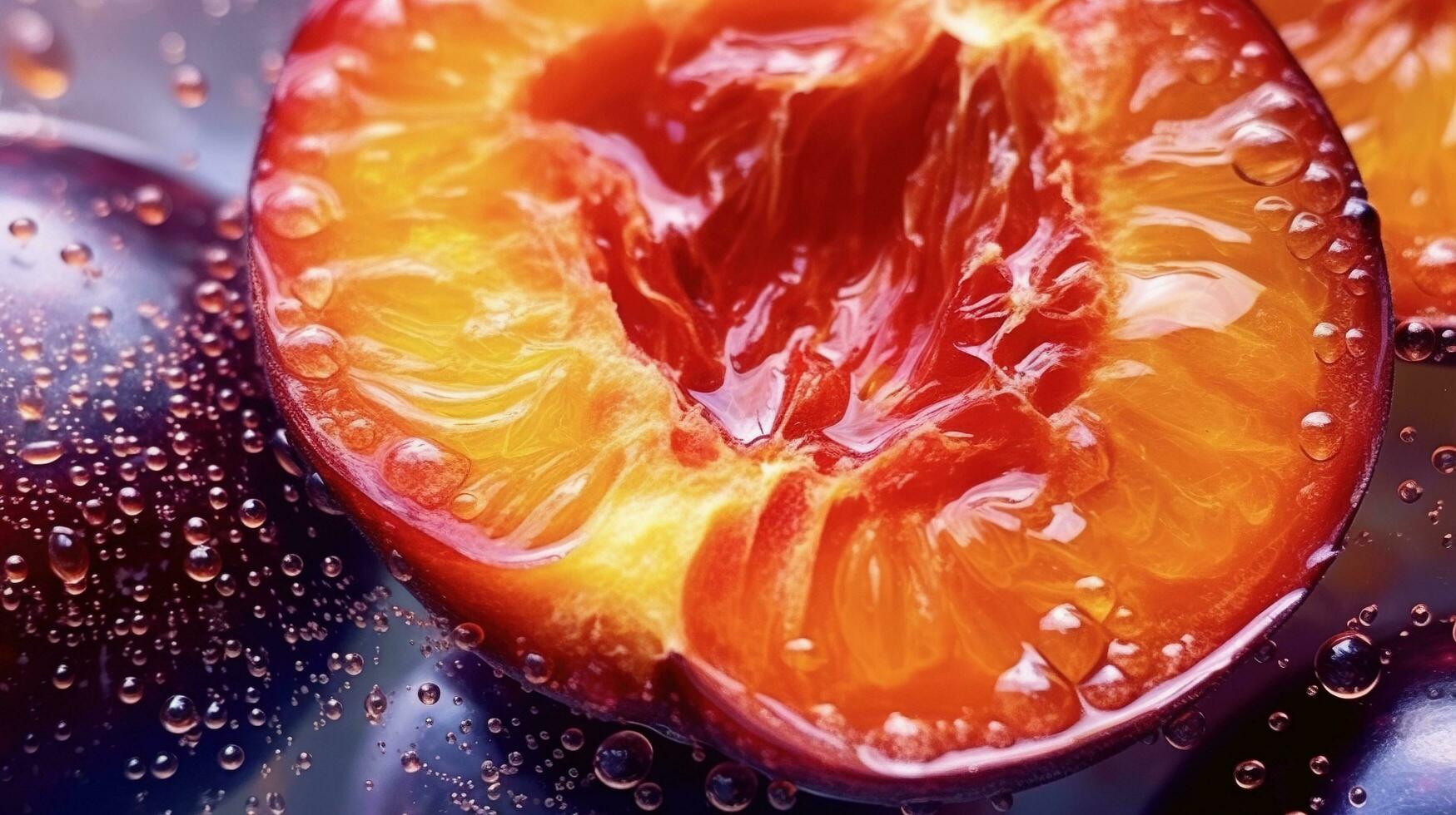 generativo ai, brillante rebanada de jugoso maduro ciruela y agua gotas, macro de verano Fruta foto