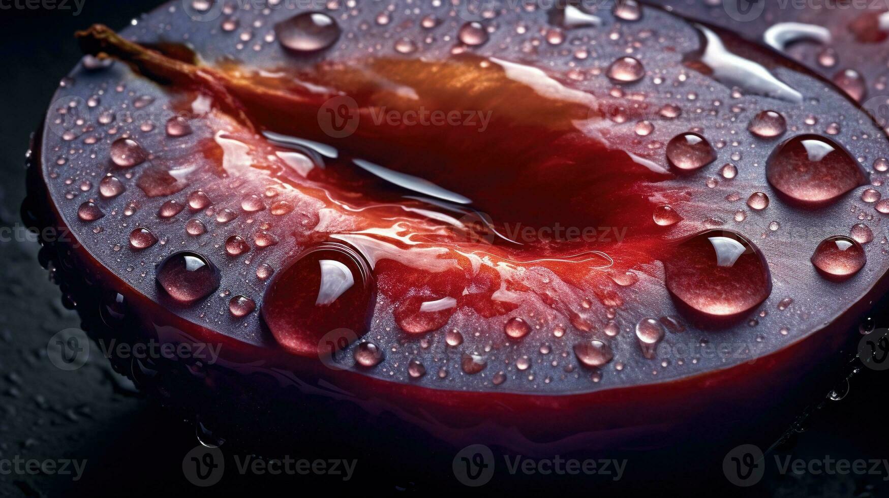 Generative AI, bright slice of juicy ripe plum and water drops, macro of summer fruit photo