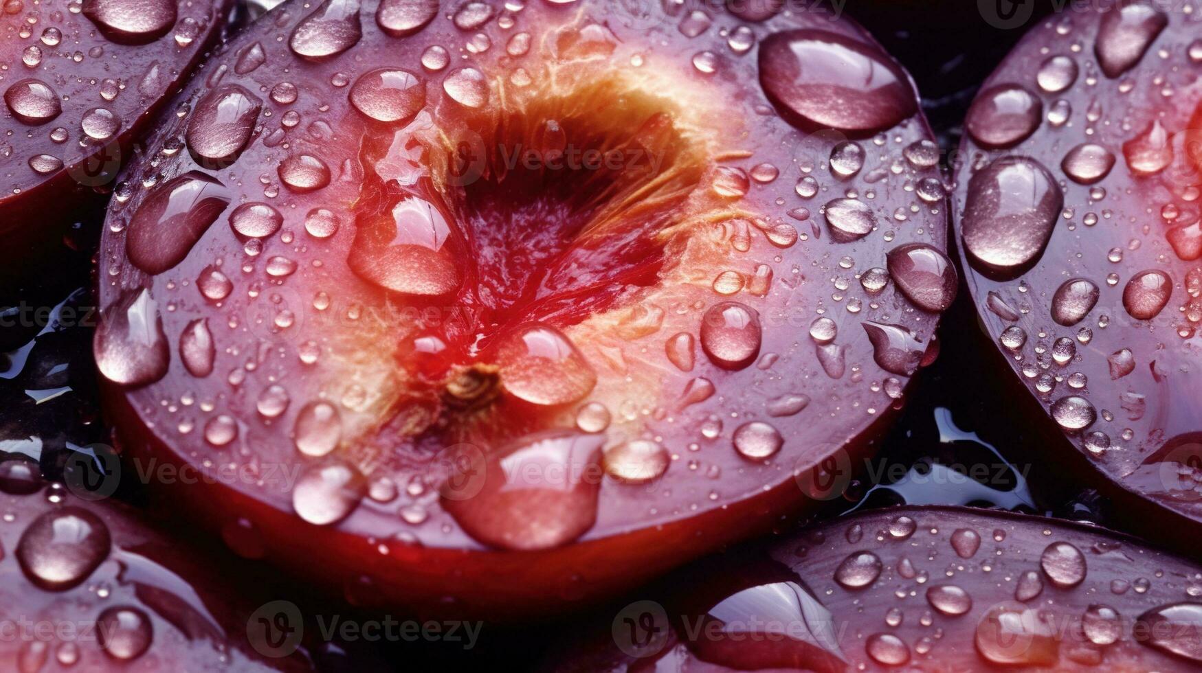 Generative AI, bright slice of juicy ripe plum and water drops, macro of summer fruit photo