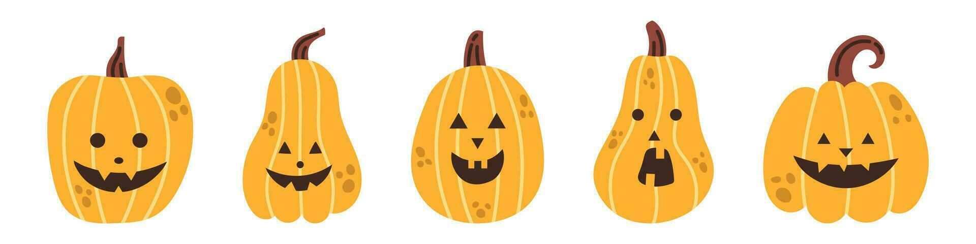 Vector halloween pumpkin set. Collection of happy halloween pumpkins in flat design. Scary and spooky faces. Jack o lantern. Funny smiling pumpkins set for halloween.