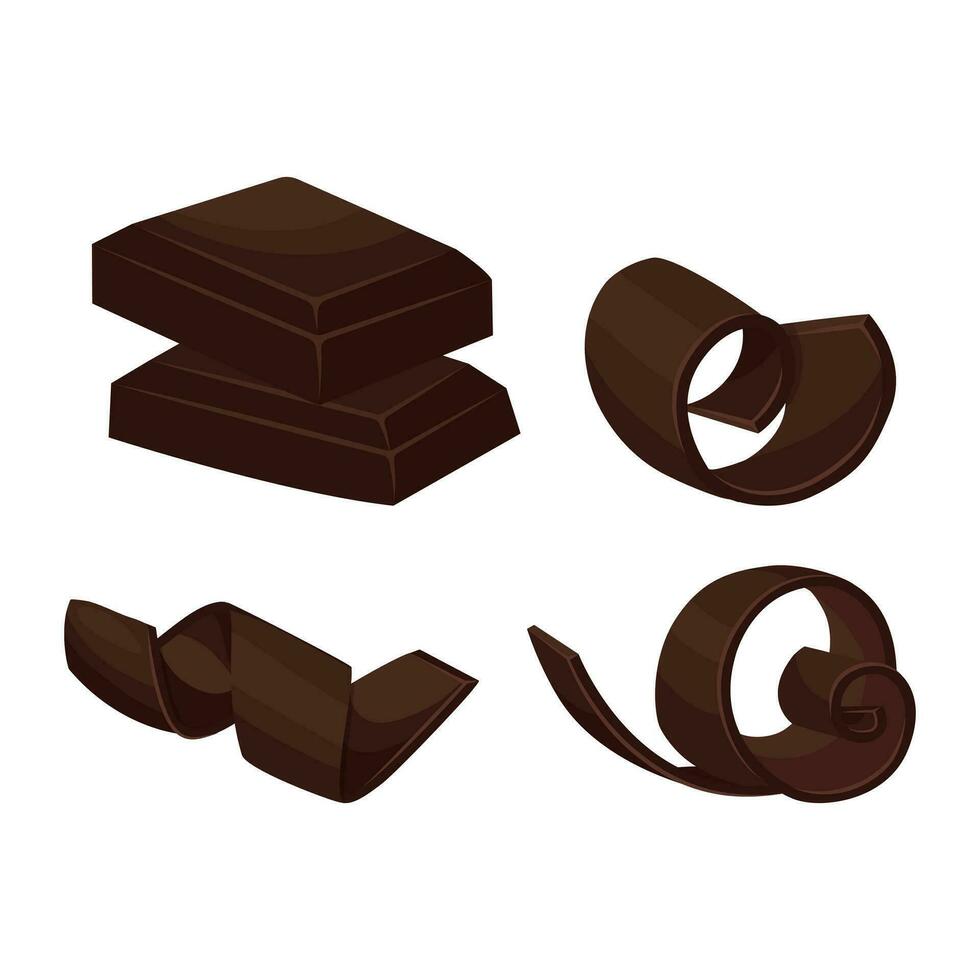 Chocolate pieces and dark chocolate curls, shavings. Vector illustration.