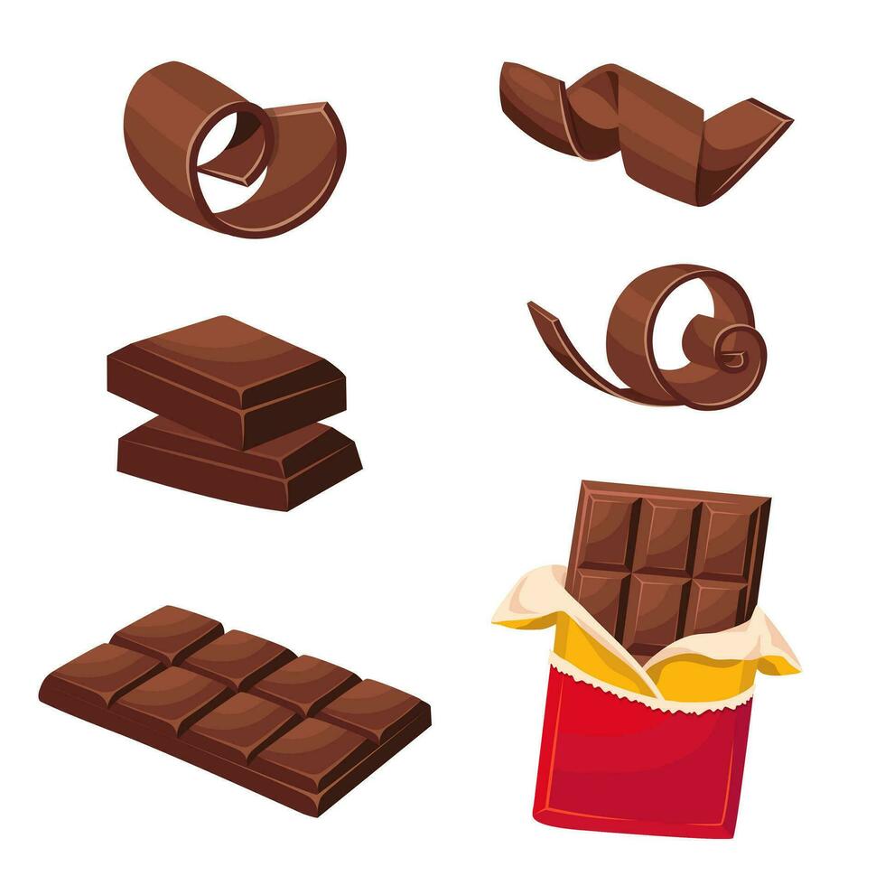A set of milk chocolate and milk chocolate curls, shavings. Vector illustration.