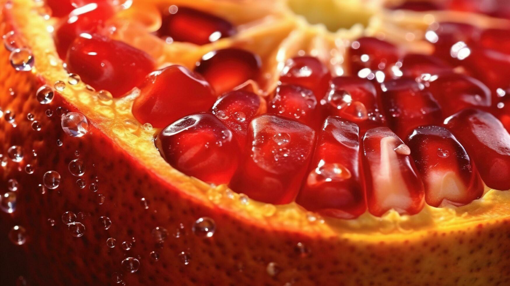 Generative AI, Macro Fresh Juicy half of pomegranate fruit background. Closeup photo