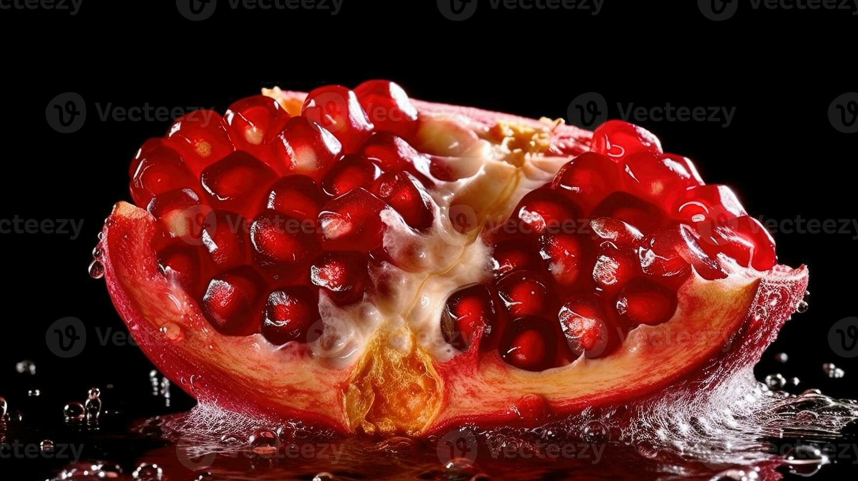 Generative AI, Macro Fresh Juicy half of pomegranate fruit background. Closeup photo