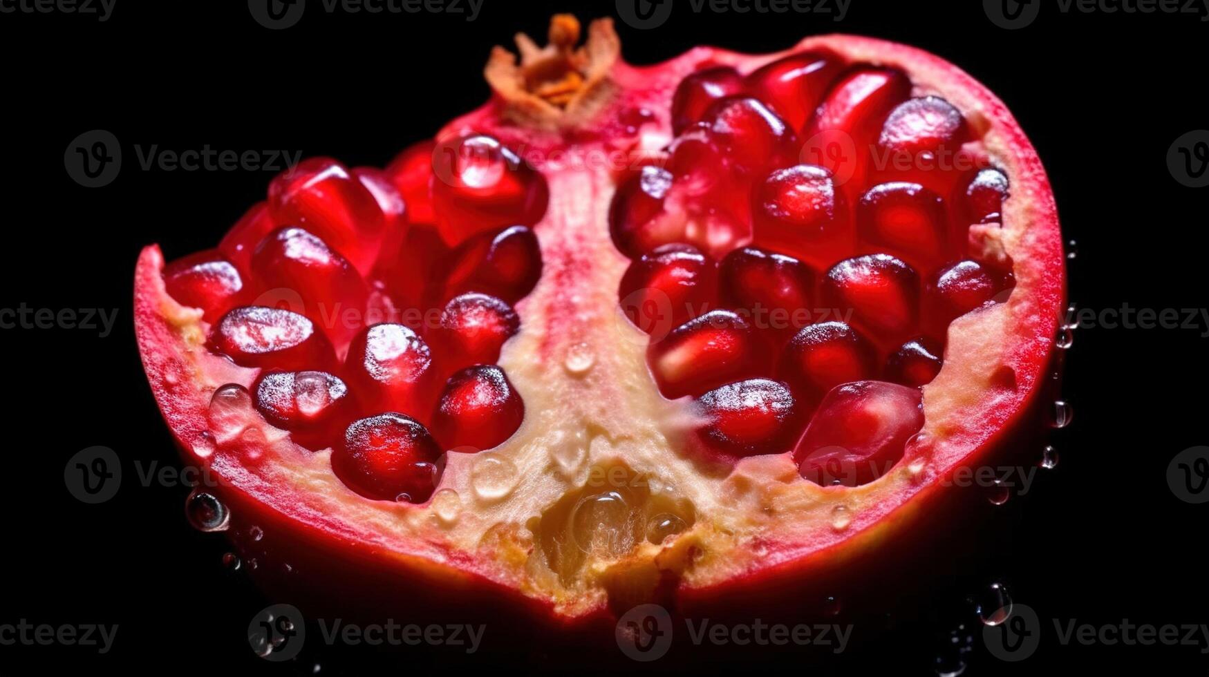 Generative AI, Macro Fresh Juicy half of pomegranate fruit background. Closeup photo