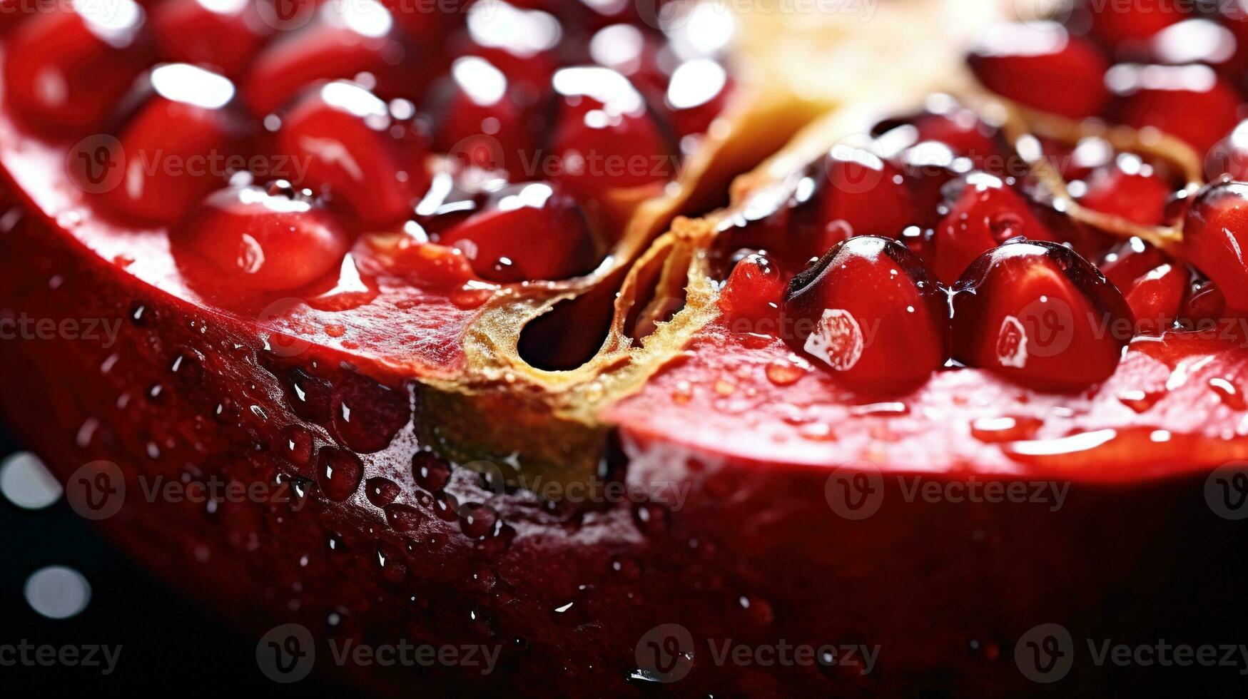 Generative AI, Macro Fresh Juicy half of pomegranate fruit background. Closeup photo