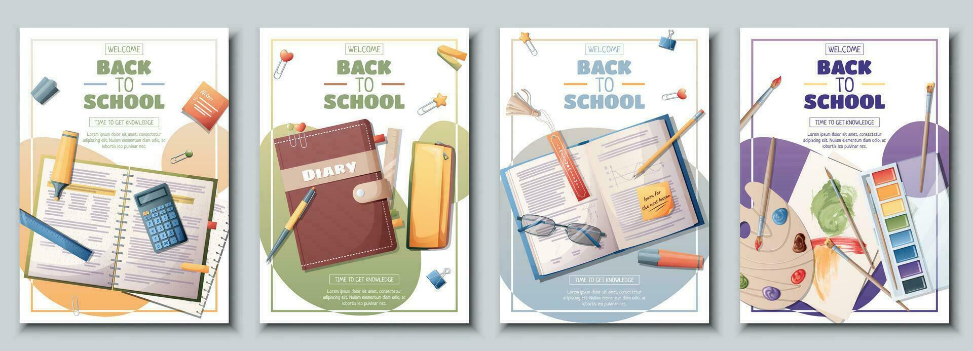 Set of school banners, flyers with textbooks, books, pencils, pens. Back to school, teacher's day, love of knowledge. Background, poster with school supplies, stationery. vector