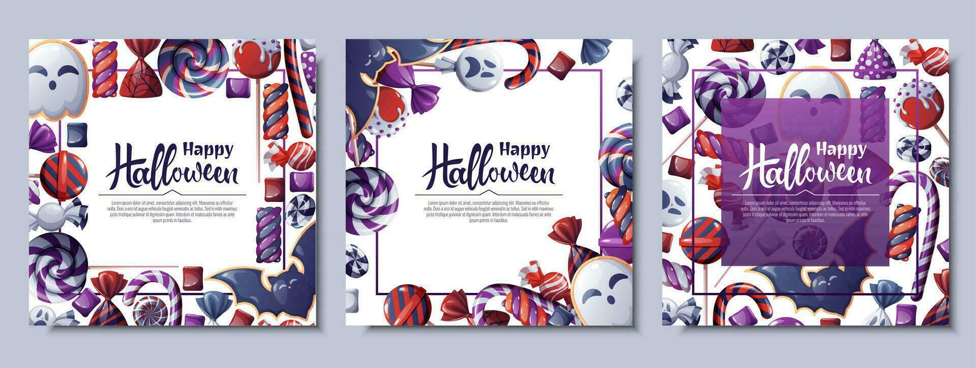 Set of vector backgrounds for Halloween invitation or greeting card. Poster, banner with ghost and bat cookies, candies, sweets, cookies, lollipops. Great for flyer, backdrop