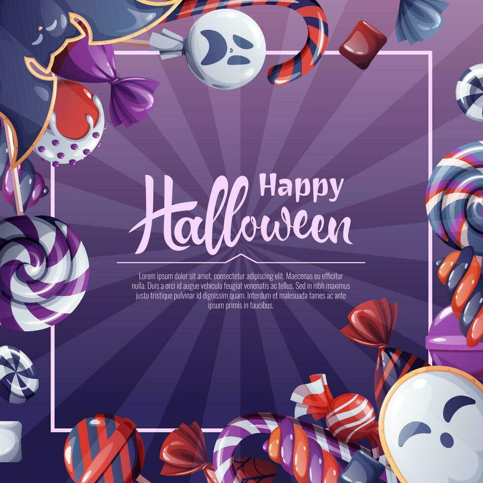 Vector background for Halloween invitation or greeting card. Holiday invitation Trick or Treat. Poster, banner with ghost and bat cookies, spooky candies, sweets, cookies, lollipops.