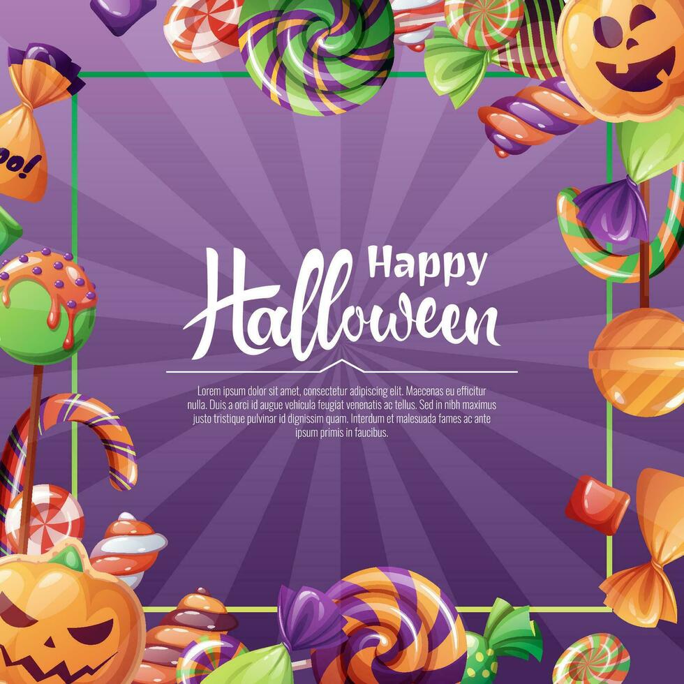 Vector background for Halloween invitation or greeting card. Holiday invitation Trick or Treat. Poster, banner with pumpkin biscuits, spooky candies, sweets, cookies, lollipops.