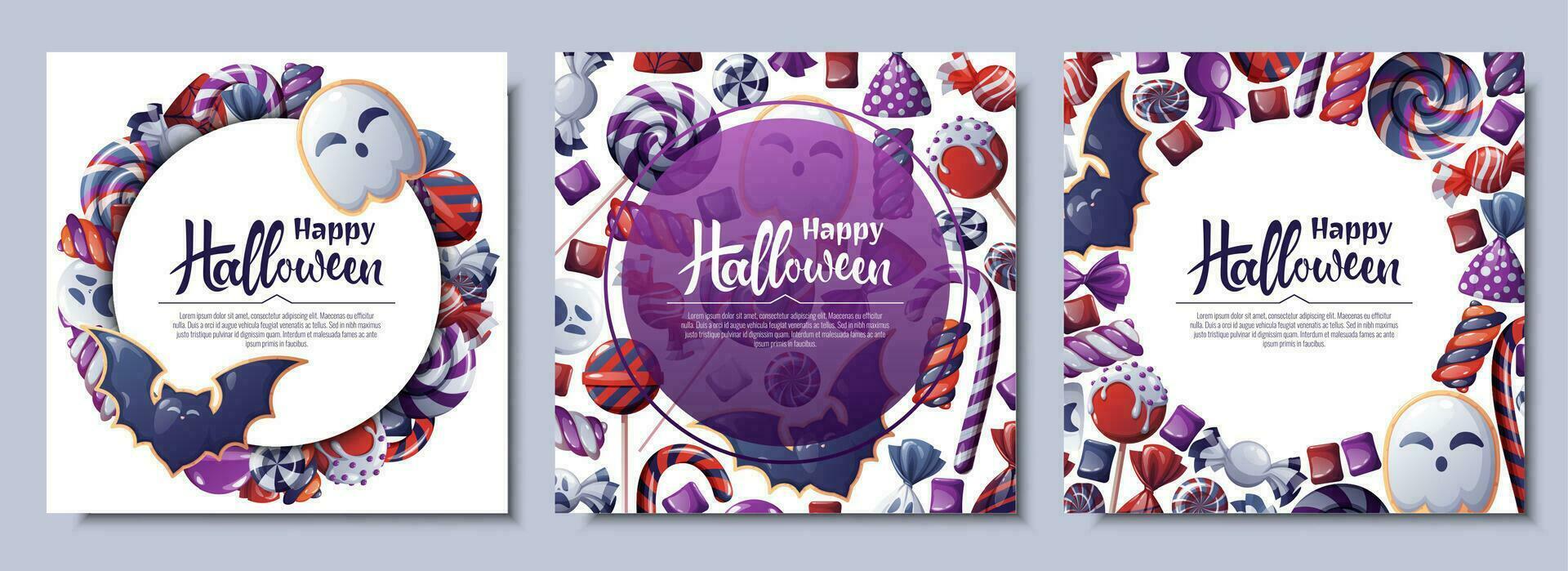 Set of vector backgrounds for Halloween invitation or greeting card. Poster, banner with ghost and bat cookies, candies, sweets, cookies, lollipops. Great for flyer, backdrop