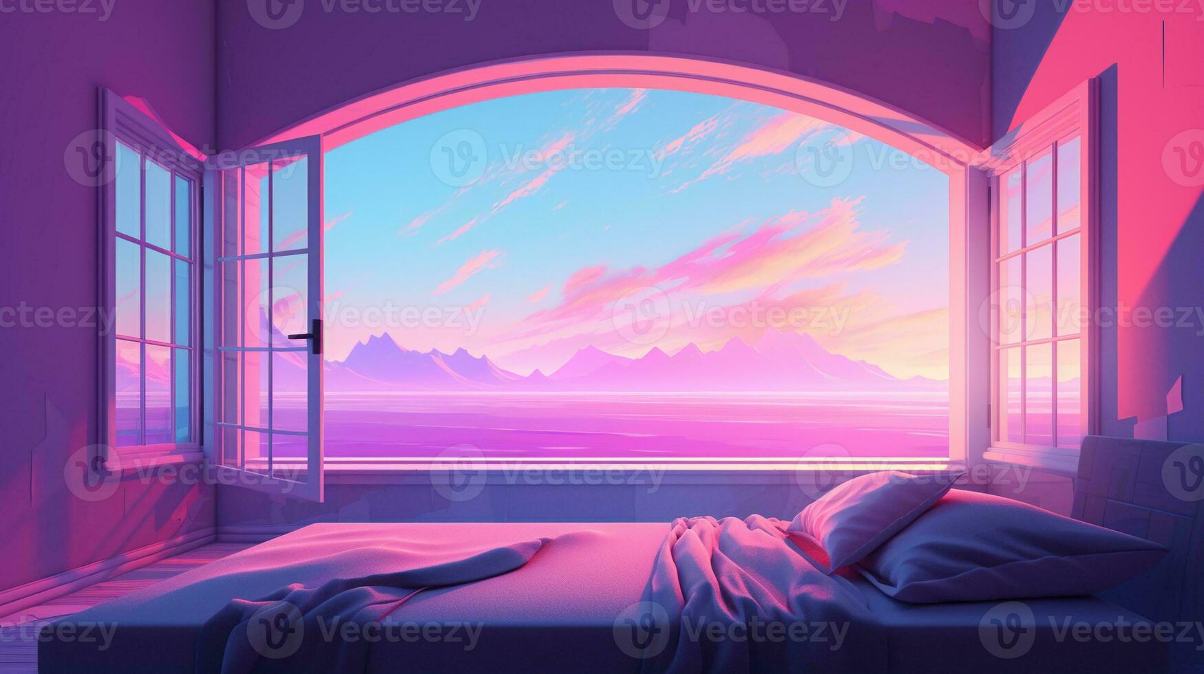 Generative AI, Fantasy purple relax room with dreamy bed, arch, windows and beautiful landscape with clouds. Bedroom in calm lavender and violet colors. photo