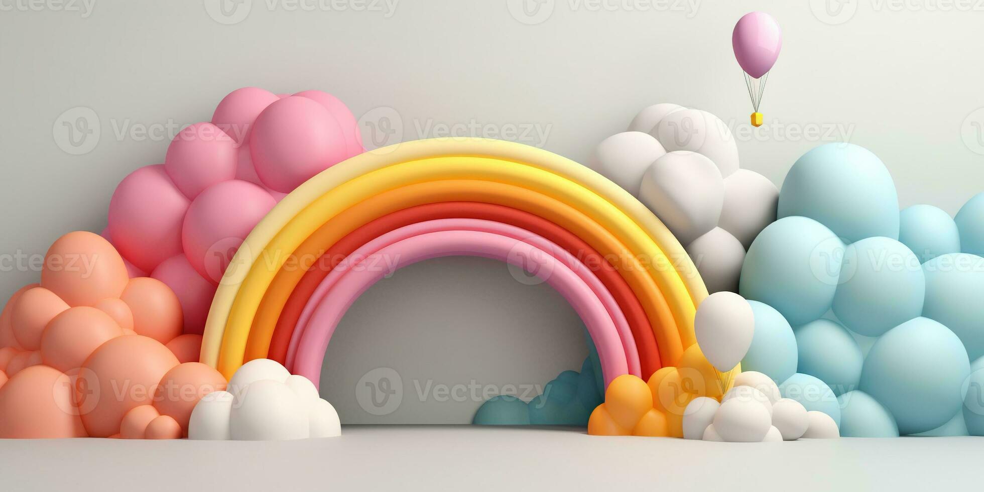 Generative AI, rainbow and colorful balloons. Birthday party 3d background. Mockup, template for greetiing card photo