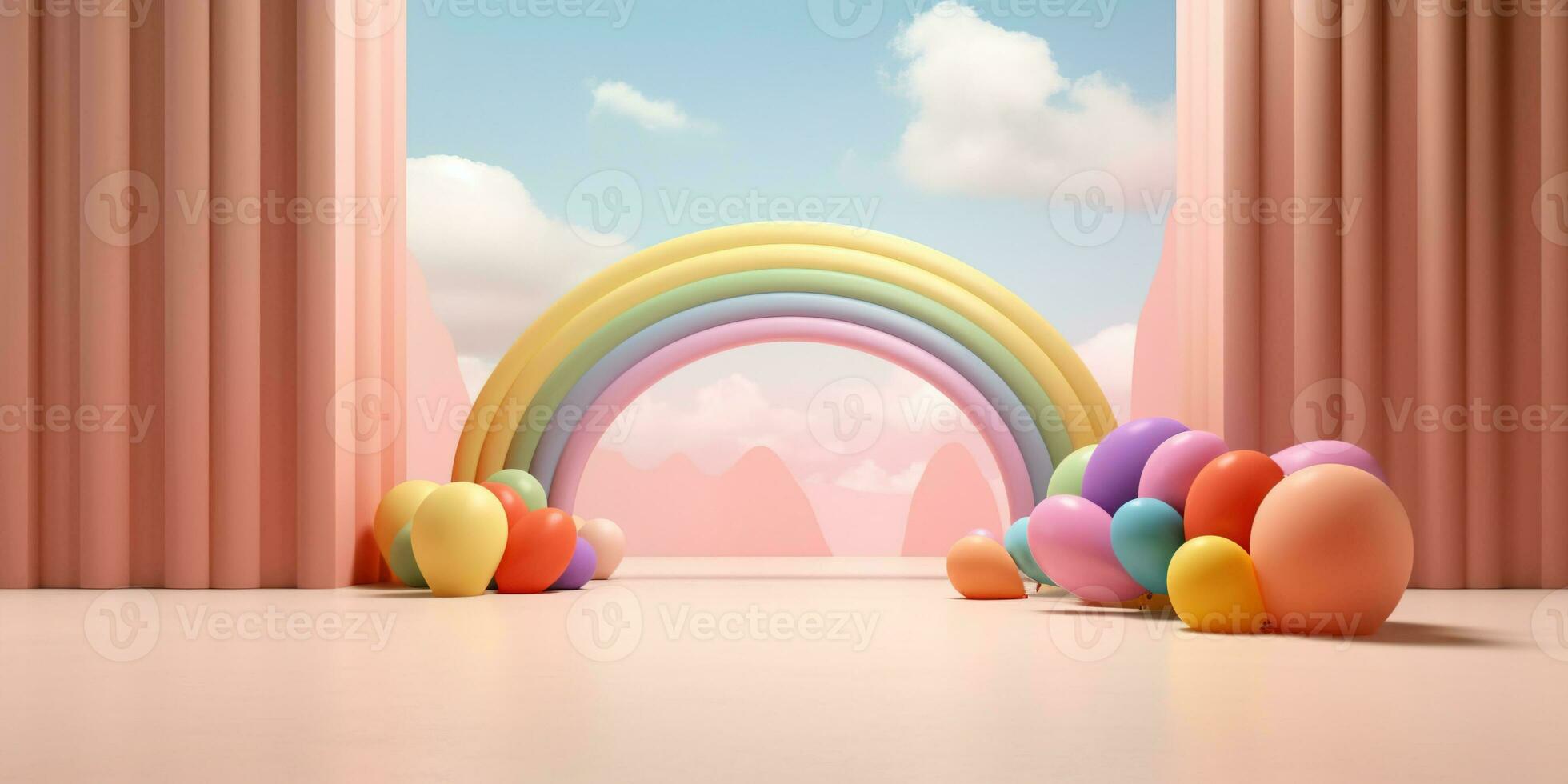 Generative AI, rainbow and colorful balloons. Birthday party 3d background. Mockup, template for greetiing card photo