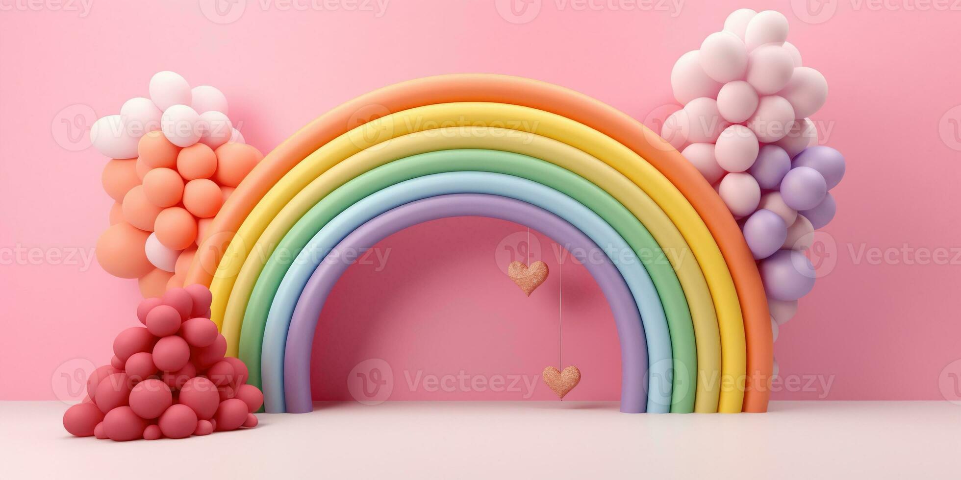 Generative AI, rainbow and colorful balloons. Birthday party 3d background. Mockup, template for greetiing card photo