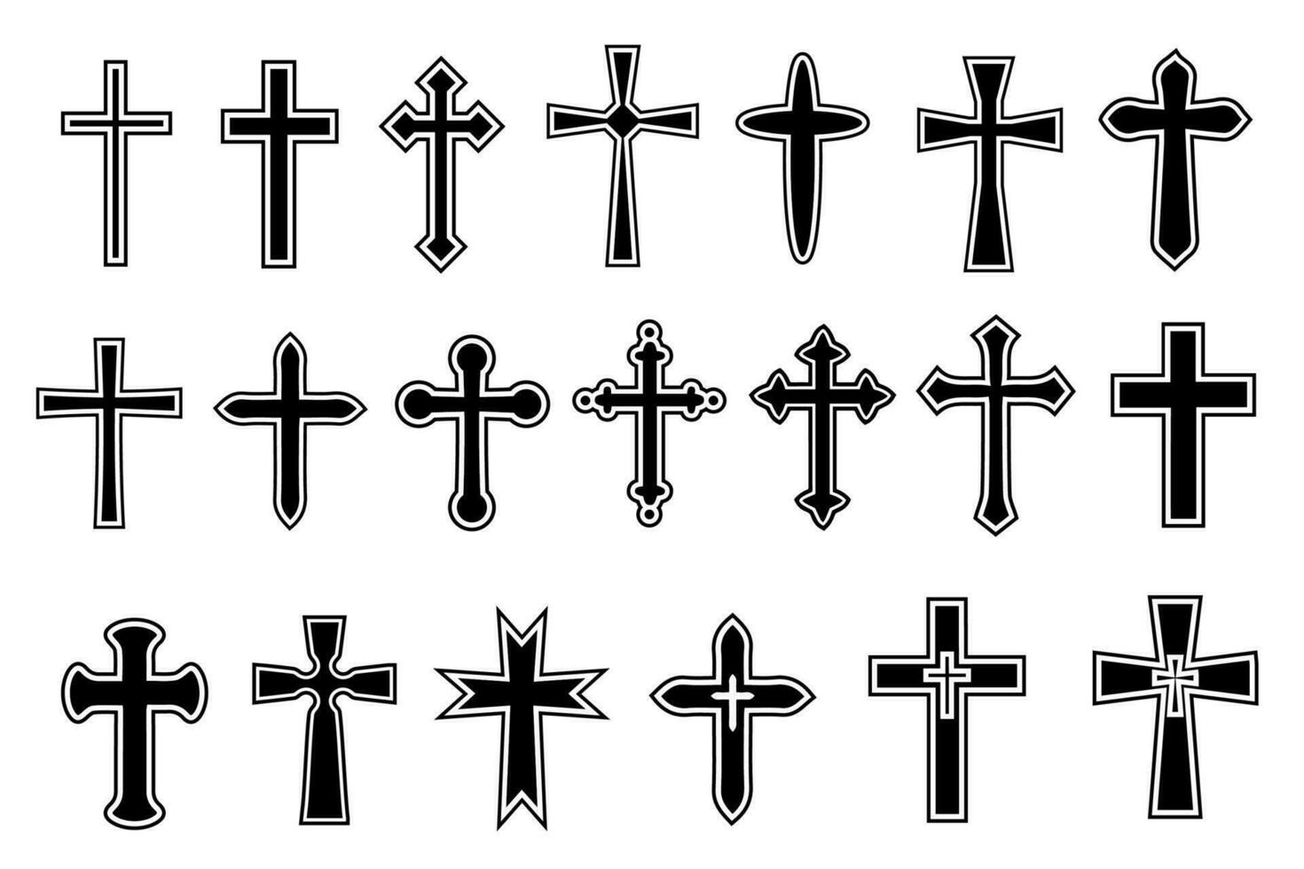 decorativo crucifijo religión católico símbolo, cristiano cruces ortodoxo fe Iglesia cruzar íconos diseño, aislado plano colocar. vector ilustración.