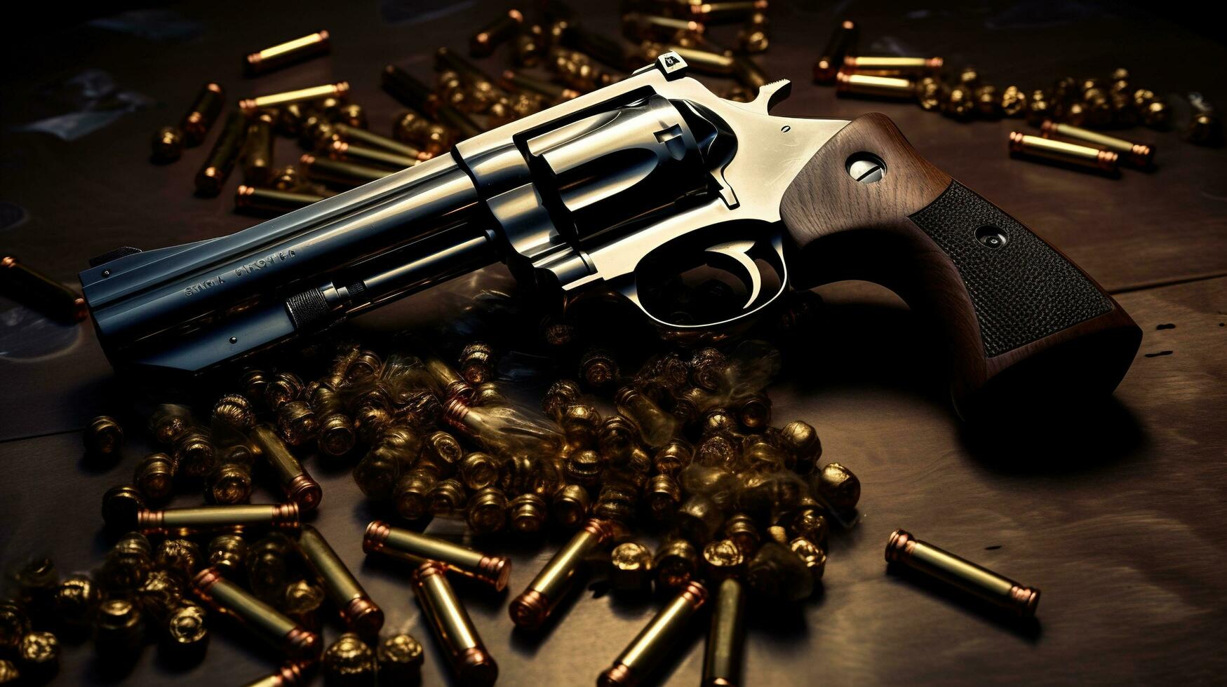 Generative AI, revolver gun with bullets isolated on wooden background, hand gun with ammunition, pistol military weapon photo