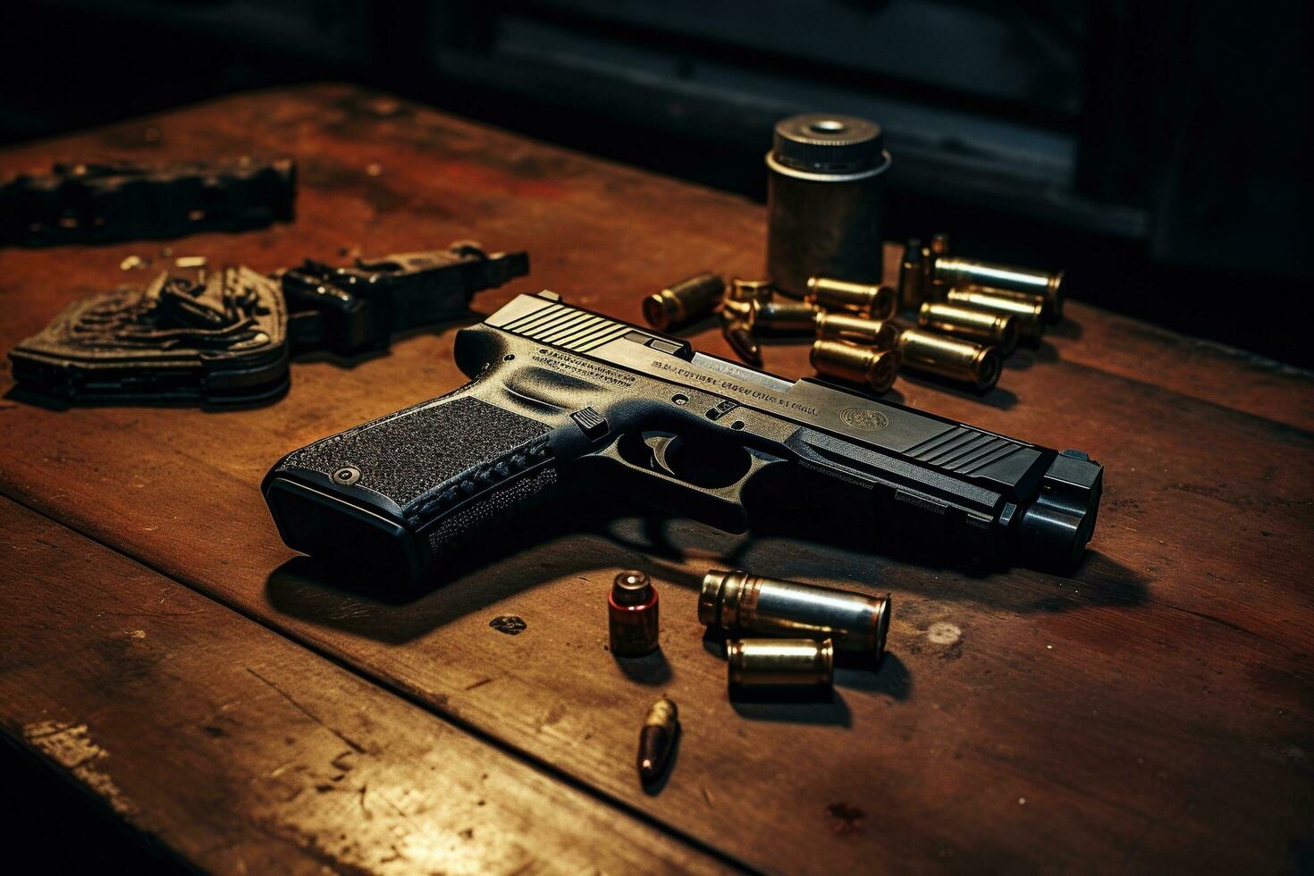 Generative AI, revolver gun with bullets isolated on wooden background, hand gun with ammunition, pistol military weapon photo