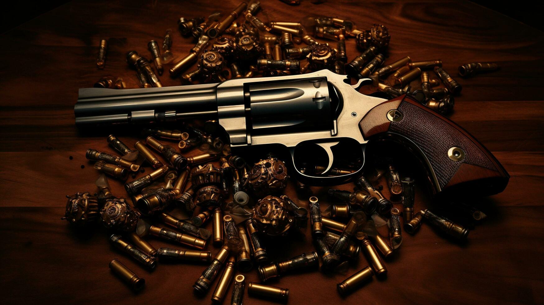 Generative AI, revolver gun with bullets isolated on wooden background, hand gun with ammunition, pistol military weapon photo