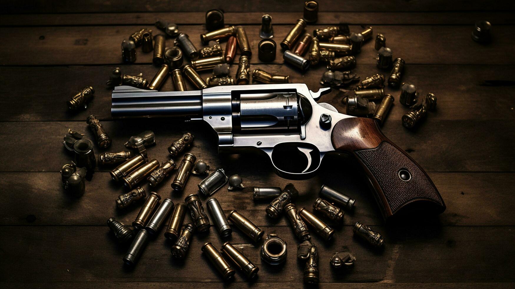 Generative AI, revolver gun with bullets isolated on wooden background, hand gun with ammunition, pistol military weapon photo