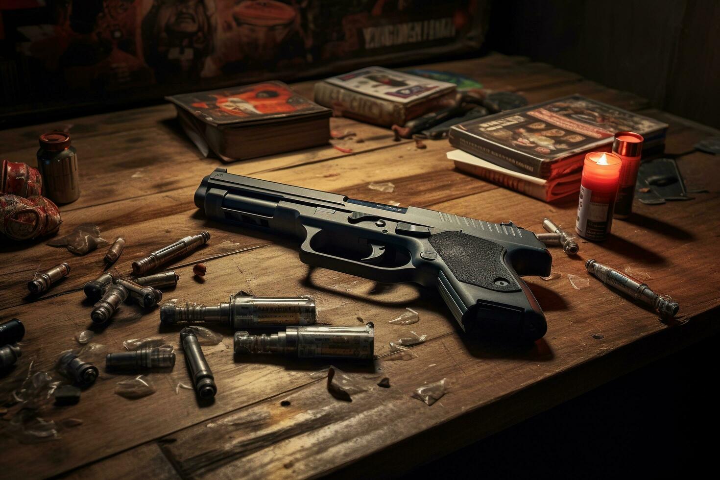 Generative AI, revolver gun with bullets isolated on wooden background, hand gun with ammunition, pistol military weapon photo