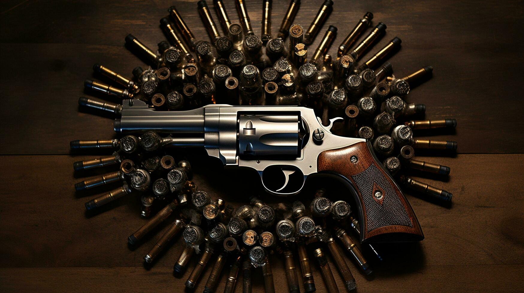 Generative AI, revolver gun with bullets isolated on wooden background, hand gun with ammunition, pistol military weapon photo