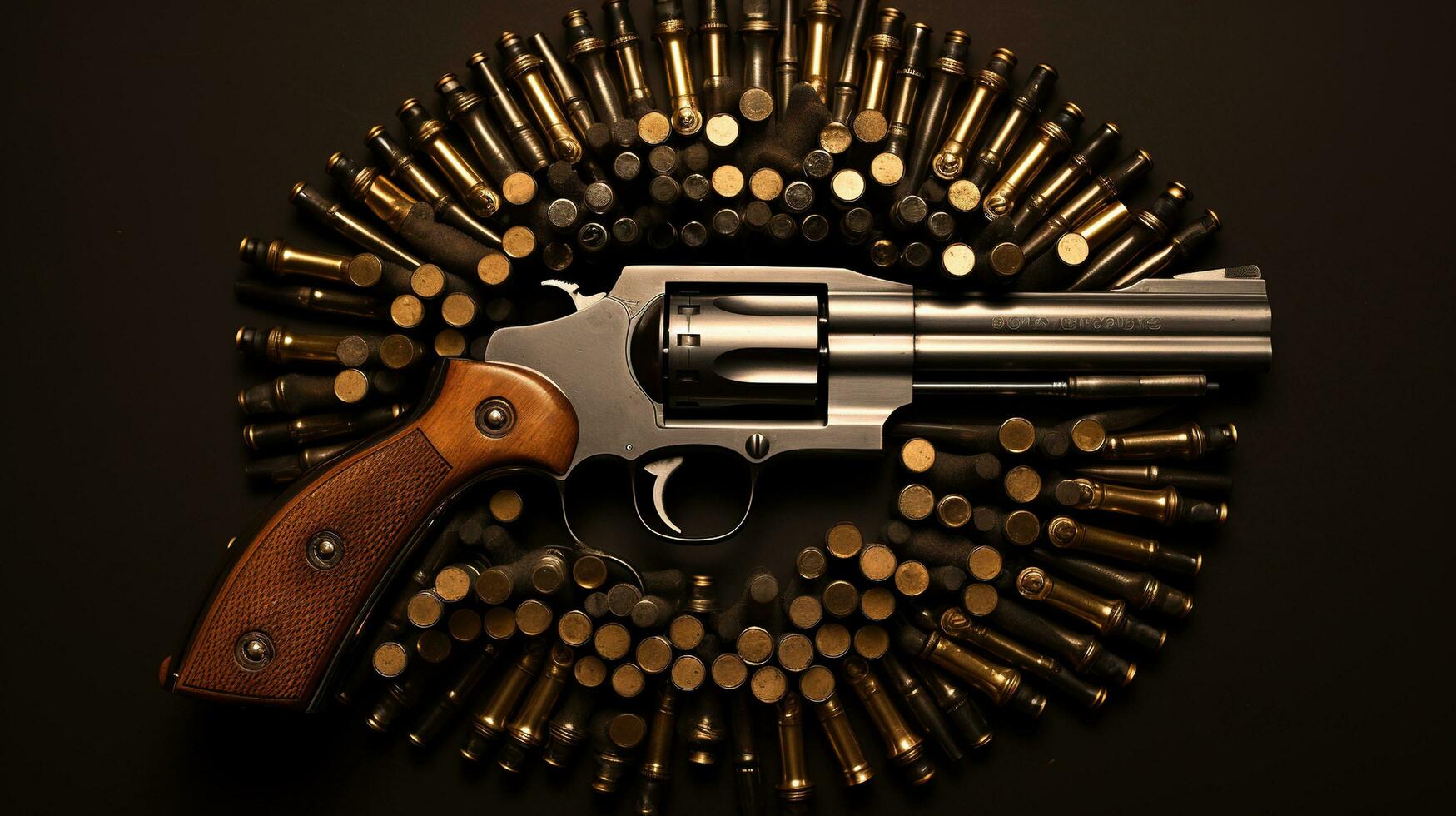 Generative AI, revolver gun with bullets isolated on wooden background, hand gun with ammunition, pistol military weapon photo