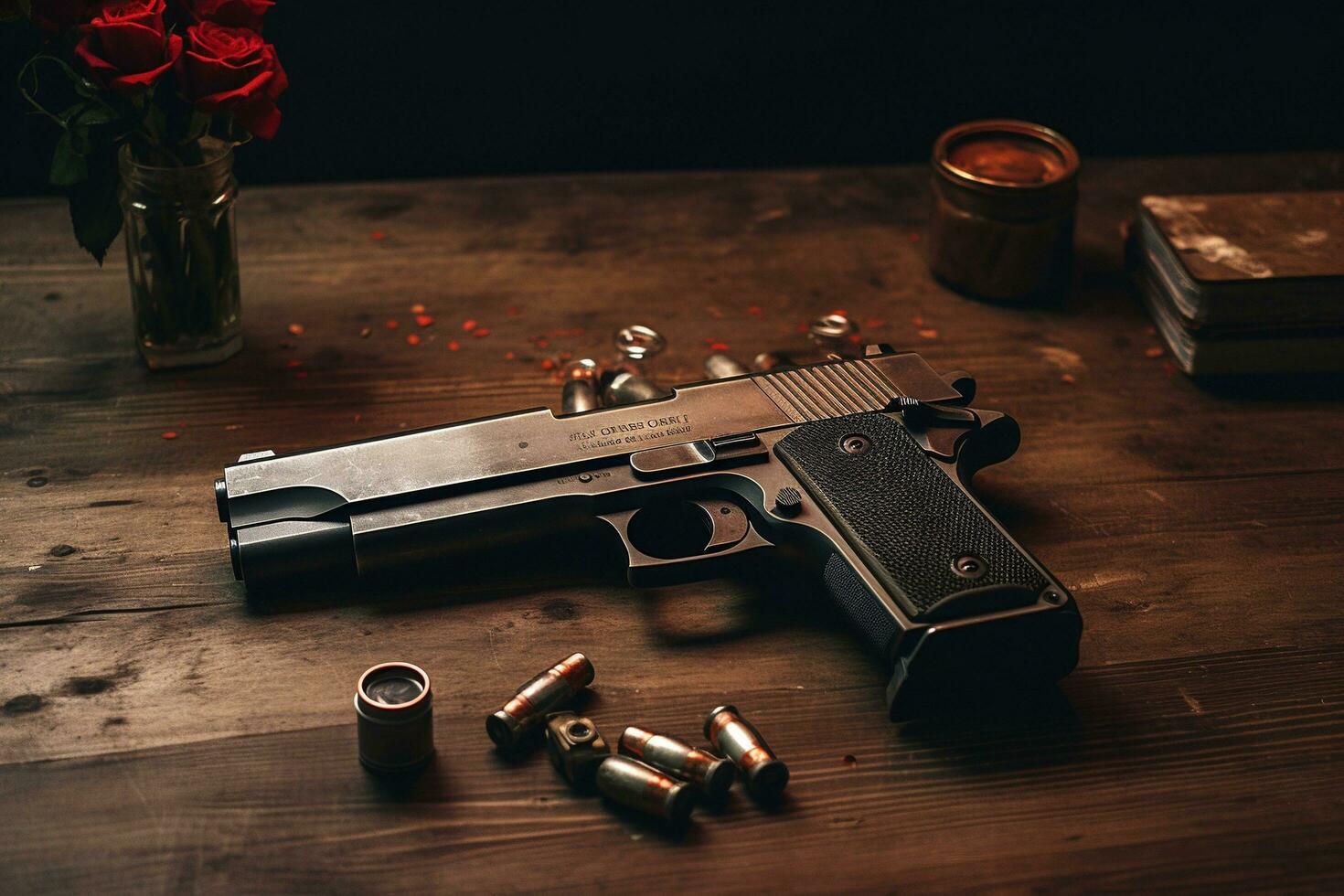Generative AI, revolver gun with bullets isolated on wooden background, hand gun with ammunition, pistol military weapon photo