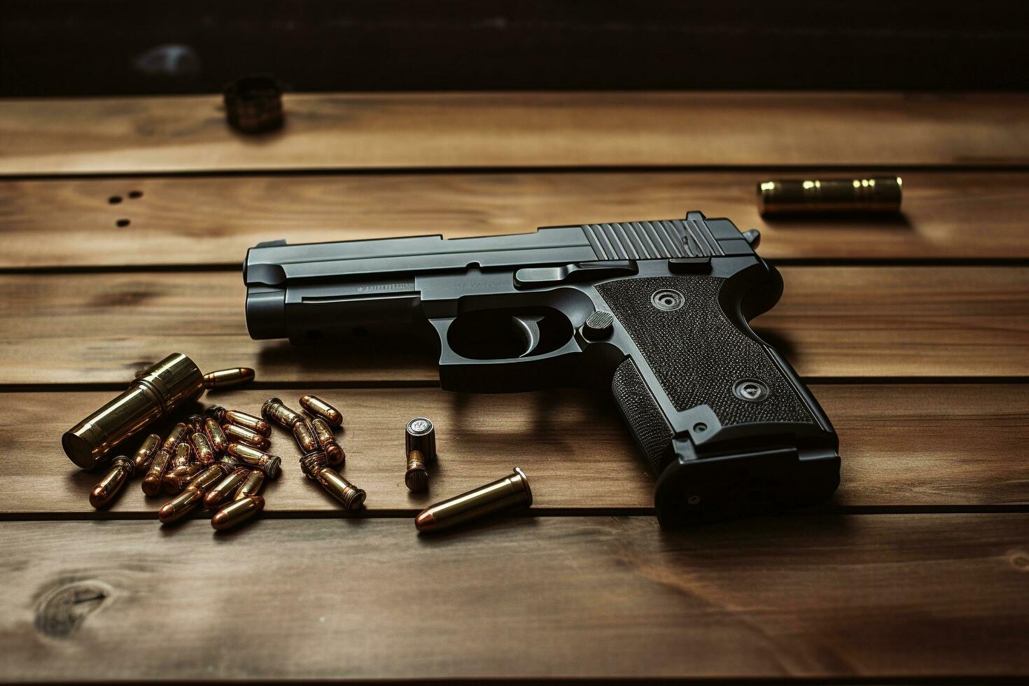 Generative AI, revolver gun with bullets isolated on wooden background, hand gun with ammunition, pistol military weapon photo