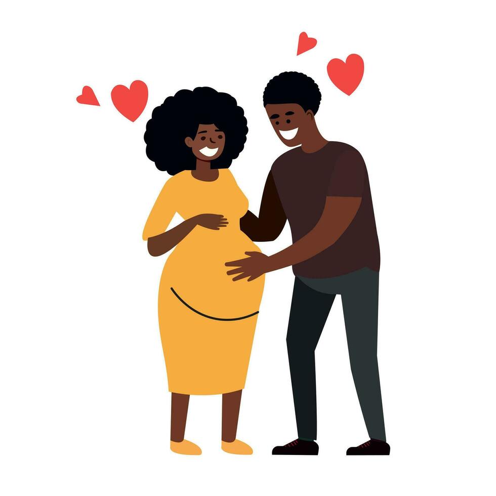 Black Afro Family, happy young family, pregnancy motherhood. Cartoon man woman couple characters standing together, husband hugging his wife's belly with love. Vector illustration