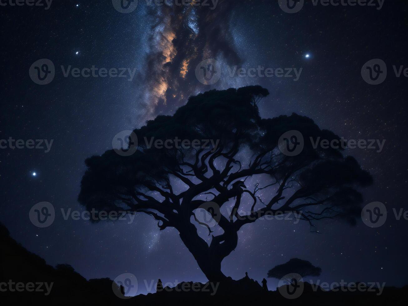 a majestic tree silhouetted against a backdrop of the vast night sky filled with stars ai generated photo