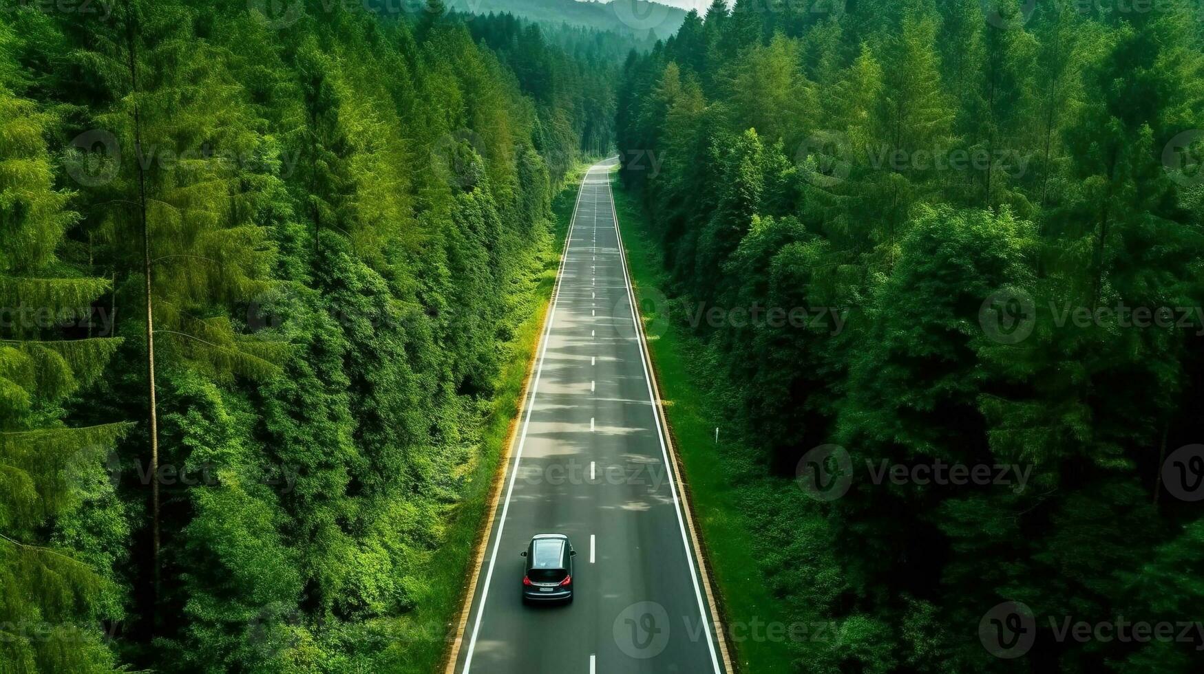 generativo ai, aéreo ver de la carretera Entre verde bosque, verde paisaje foto