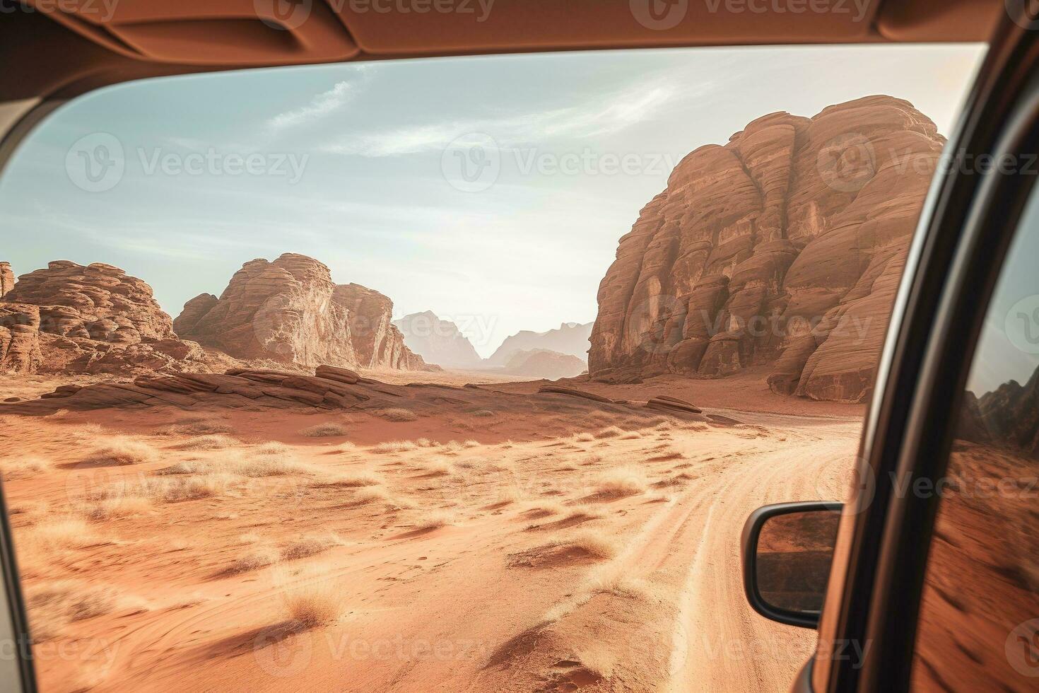 Generative AI, Off road car driving on a winding mountain desert road, surrounded by breathtaking views of the rugged terrain photo