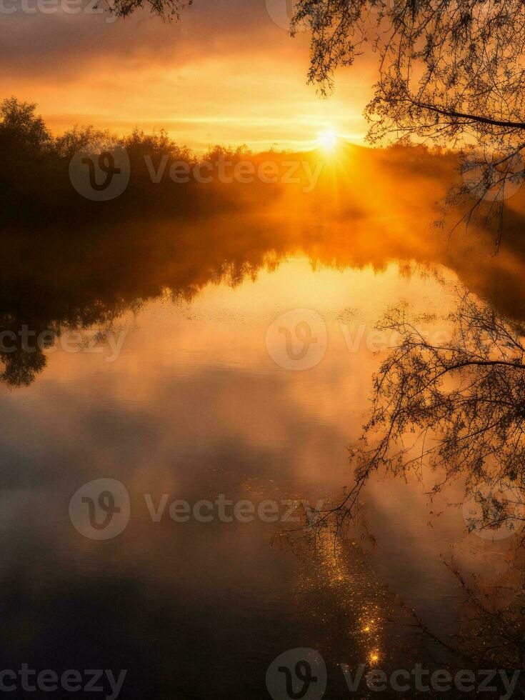 the sun rises over a river and trees ai generated photo